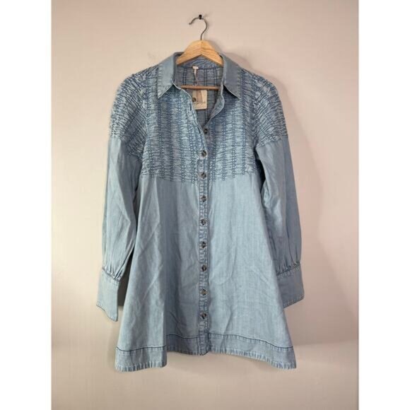 NWT Free People Denim Find Me Now Buttons Smocked Mini Dress Glacier Blue Size S - Picture 2 of 7